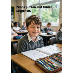 Postkarte Zähne putzen. Gut fühlen. Losgehen.