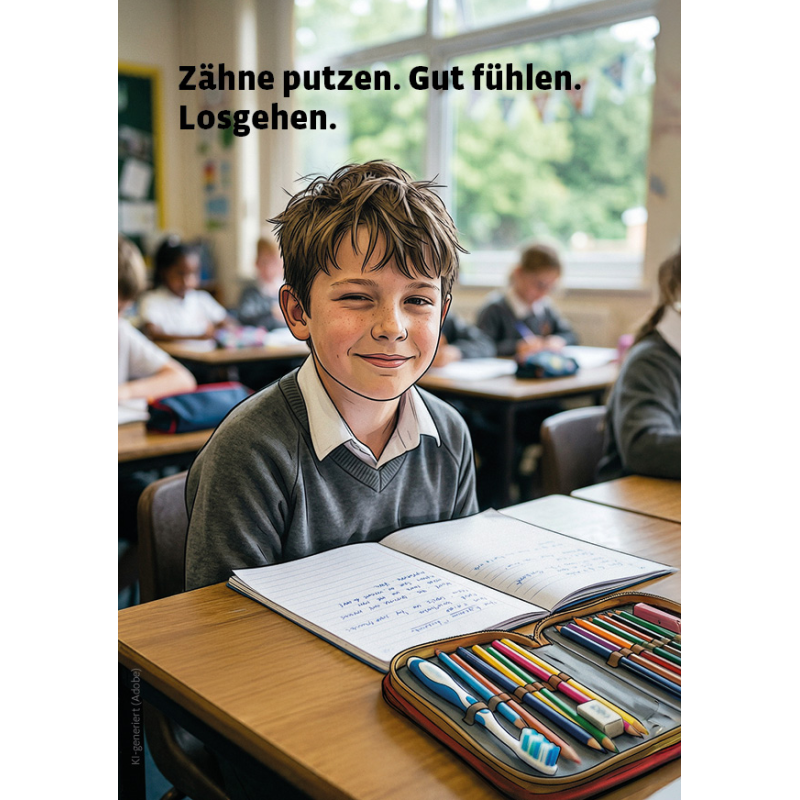 Postkarte Zähne putzen. Gut fühlen. Losgehen.